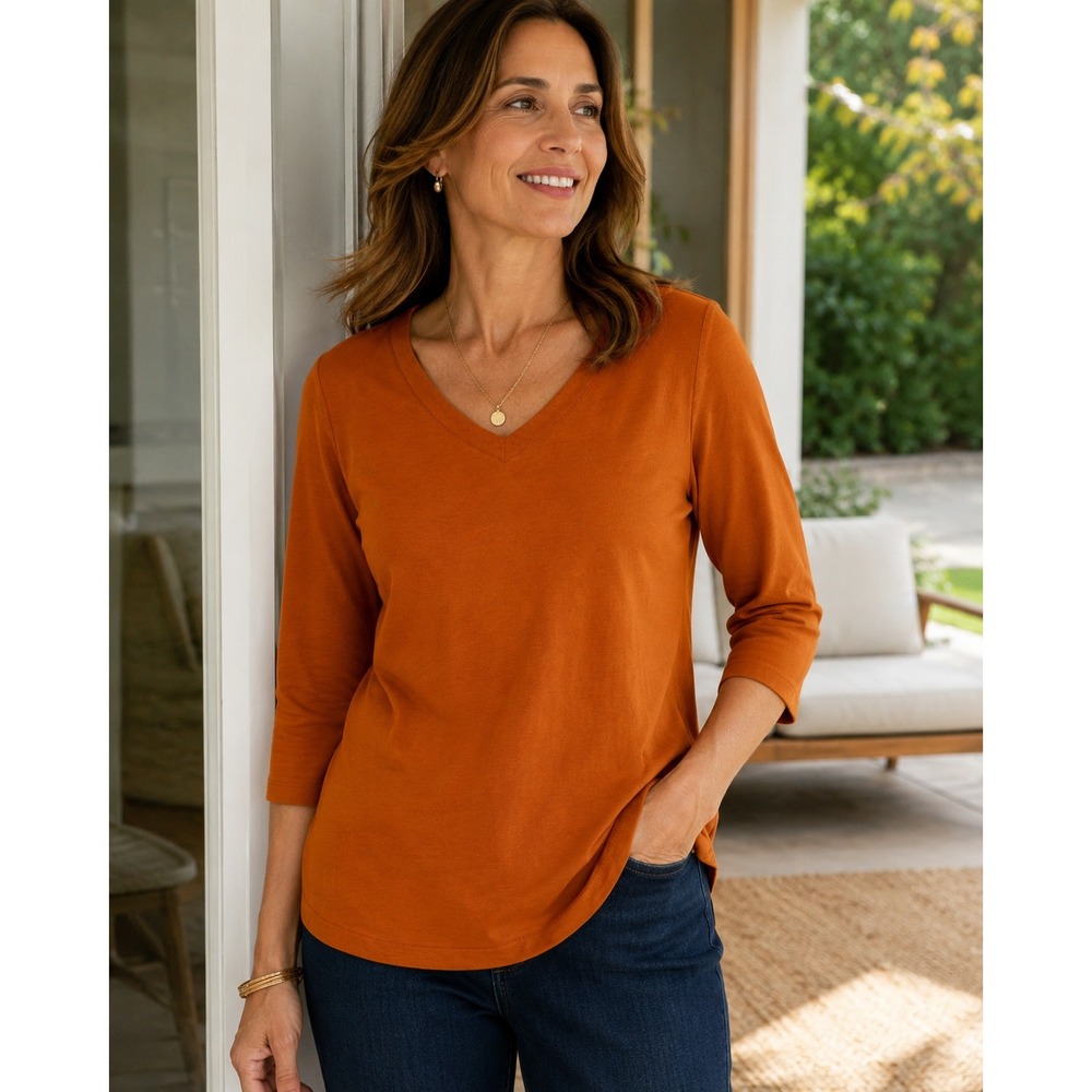 J.Jill Pima 3/4-Sleeve V-Neck Tee 100% Cotton Relaxed Fit Side Vent Orange M